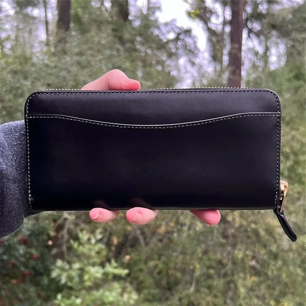 COACH Women's Essential Slim Accordion Zip Wallet Smooth BLACK Leather w Gold - Picture 2 of 8